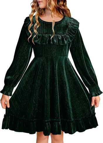 BesserBay Girls Glitter Fall Puff Long Sleeve Ruffle Crewneck Twirly Dress Midi Dress 5-14 Years in Kuwait