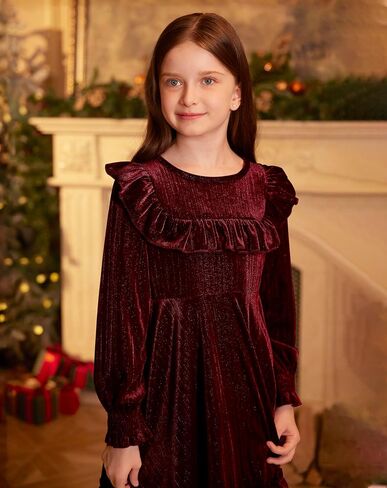 BesserBay Girls Glitter Fall Puff Long Sleeve Ruffle Crewneck Twirly Dress Midi Dress 5-14 Years in Kuwait