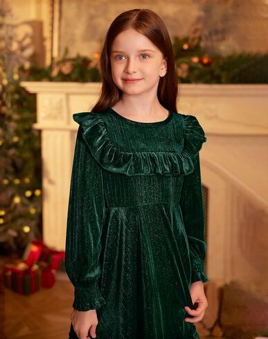 BesserBay Girls Glitter Fall Puff Long Sleeve Ruffle Crewneck Twirly Dress Midi Dress 5-14 Years in Kuwait