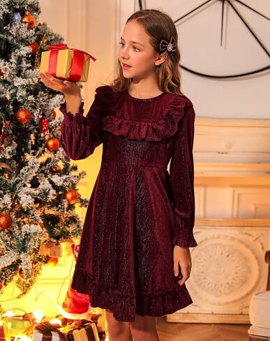 BesserBay Girls Glitter Fall Puff Long Sleeve Ruffle Crewneck Twirly Dress Midi Dress 5-14 Years in Kuwait