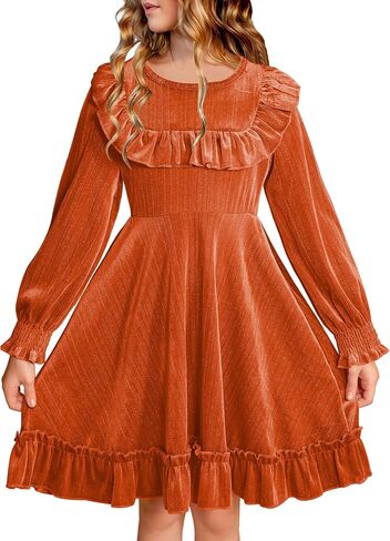 BesserBay Girls Glitter Fall Puff Long Sleeve Ruffle Crewneck Twirly Dress Midi Dress 5-14 Years in Kuwait