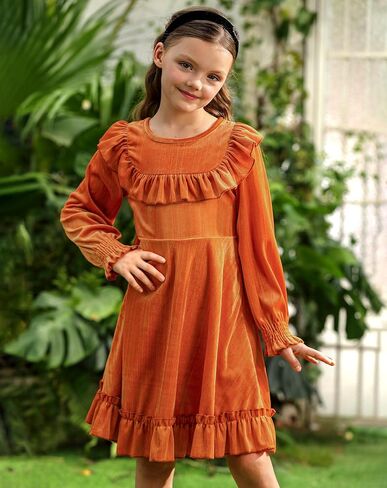 BesserBay Girls Glitter Fall Puff Long Sleeve Ruffle Crewneck Twirly Dress Midi Dress 5-14 Years in Kuwait