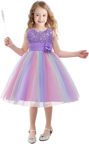 Girls Princess Dress Sequin Tulle Flower Rainbow Sleeveless Birthday Party Wedding Bridesmaid Girl Evening Dresses Toddler in Saudi Arabia
