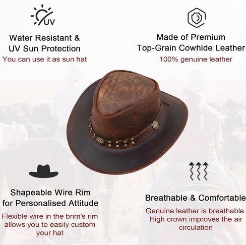Leather Cowboy Hat for Men Women Western Australian Outback Hat with Shapeable Wide Brim, Aussie Style Leather Hat in Saudi Arabia