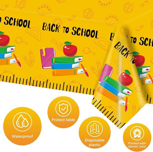 Whaline 3Pcs Back to School Tablecloth 54 x 108 Inch Waterproof Table Cover Yellow Cartoon Ruler Design Plastic Table Cloth for First Day of School Classroom Party Decor Supplies in Saudi Arabia