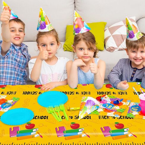 Whaline 3Pcs Back to School Tablecloth 54 x 108 Inch Waterproof Table Cover Yellow Cartoon Ruler Design Plastic Table Cloth for First Day of School Classroom Party Decor Supplies in Saudi Arabia