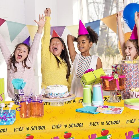 Whaline 3Pcs Back to School Tablecloth 54 x 108 Inch Waterproof Table Cover Yellow Cartoon Ruler Design Plastic Table Cloth for First Day of School Classroom Party Decor Supplies in Saudi Arabia