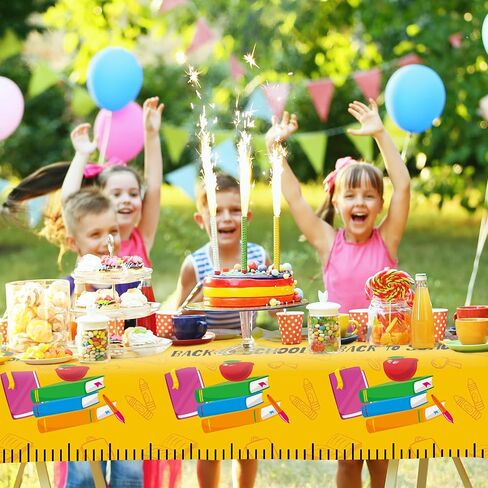 Whaline 3Pcs Back to School Tablecloth 54 x 108 Inch Waterproof Table Cover Yellow Cartoon Ruler Design Plastic Table Cloth for First Day of School Classroom Party Decor Supplies in Saudi Arabia
