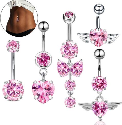 5PCS Belly Button Ring Cute Pink/Gold Belly Button Piercing Dangle Pink CZ Heart Butterfly Navel Belly Rings for Women Belly Button Ring Surgical Steel Belly Piercing Jewelry in Saudi Arabia