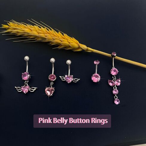 5PCS Belly Button Ring Cute Pink/Gold Belly Button Piercing Dangle Pink CZ Heart Butterfly Navel Belly Rings for Women Belly Button Ring Surgical Steel Belly Piercing Jewelry in Saudi Arabia
