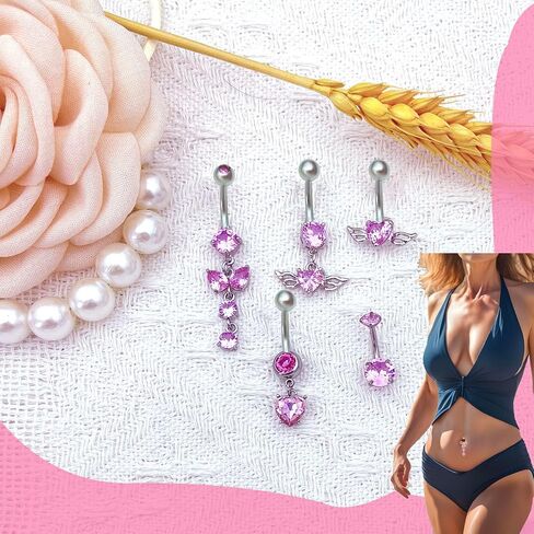 5PCS Belly Button Ring Cute Pink/Gold Belly Button Piercing Dangle Pink CZ Heart Butterfly Navel Belly Rings for Women Belly Button Ring Surgical Steel Belly Piercing Jewelry in Saudi Arabia