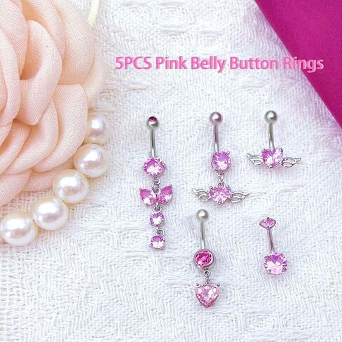 5PCS Belly Button Ring Cute Pink/Gold Belly Button Piercing Dangle Pink CZ Heart Butterfly Navel Belly Rings for Women Belly Button Ring Surgical Steel Belly Piercing Jewelry in Saudi Arabia