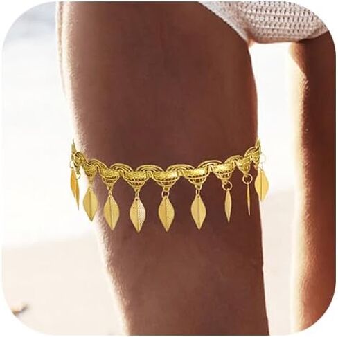 Boho Gold Thigh Chain Leaf Tassel Leg Chain India Elastic Lace Fringe Stretch Summer Beach Bikini Body Leg Chain for Women (1PCS) (Set C) in Kuwait