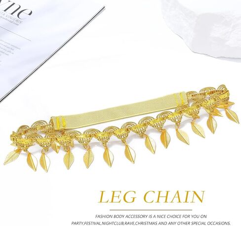 Boho Gold Thigh Chain Leaf Tassel Leg Chain India Elastic Lace Fringe Stretch Summer Beach Bikini Body Leg Chain for Women (1PCS) (Set C) in Kuwait