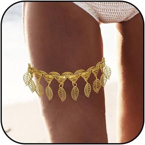 Boho Gold Thigh Chain Leaf Tassel Leg Chain India Elastic Lace Fringe Stretch Summer Beach Bikini Body Leg Chain for Women (1PCS) (Set C) in Kuwait