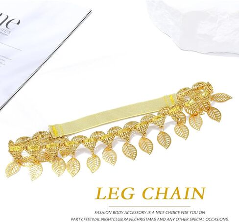 Boho Gold Thigh Chain Leaf Tassel Leg Chain India Elastic Lace Fringe Stretch Summer Beach Bikini Body Leg Chain for Women (1PCS) (Set C) in Kuwait