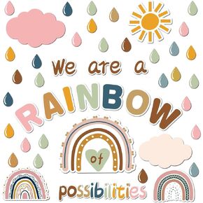 Boho Rainbow Bulletin Board Set Decorations We are A Rainbow of Possibilities Cutouts Motivational Back to School Wall Decals Clouds Raindrops Sun Paper-Cuts for Classroom School Office Decor Supplies