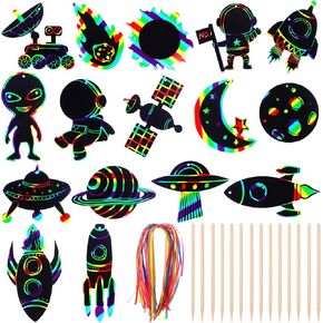 64 Pcs Space Theme Scratch Paper Rainbow Outer Space Scratch Cards DIY Rocket Scratch Paper Craft Art Cards Kits with 64 Wood Stylus and 64 Ribbon for Home School Decor Birthday Space Party Favors