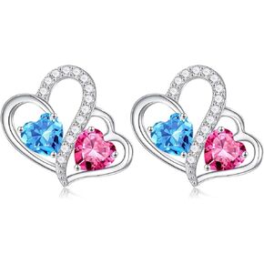 Iefil Christmas Gifts for Women - 925 Sterling Silver Double Heart Birthstone Earrings | Anniversary Birthday Gifts for Women | Personalized Gifts | Jewelry Gifts for Wife Mom Her