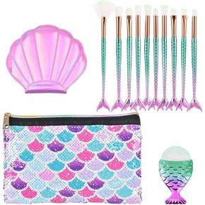 Mermaid Makeup Brush Sets with Cosmtic Bag - 13 PCS Beauty Makeup Tools Eye Shadow Eyeliner Concealer Foundation Blending Blush Brushes Compact Pocket Mirror Sequins Cosmetic Case Bag