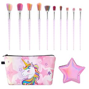 Mermaid Makeup Brush Sets with Cosmtic Bag - 13 PCS Beauty Makeup Tools Eye Shadow Eyeliner Concealer Foundation Blending Blush Brushes Compact Pocket Mirror Sequins Cosmetic Case Bag