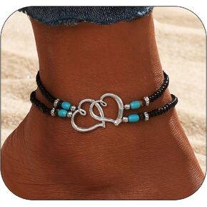 Elastic Beaded Anklet Seed Bead Turquoise Heart Ankle Bracelet for Women Double Hollow Hearts Layered Beaded Anklet Dainty Boho Beach Anklets Foot Jewelry