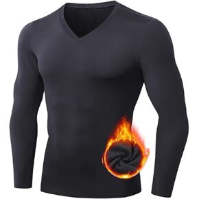 Men's Thermal Compression Shirts V Neck Fleece Lined Long Sleeve Athletic Base Layer Tops for Running Workout