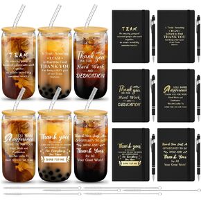 18 Pcs Employee Appreciation Gift Set for Women Thank You Inspirational Gifts with A6 Leather Journal Notebook 16 Oz Glass Cup Glitter Ballpoint Pen (Thank You)