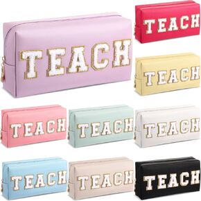 9 Pieces Preppy Patch Makeup Bag Chenille Letters Cosmetic Bag Smile Lightning Heart Pu Leather Portable Waterproof Toiletry Bag Travel Makeup Bag for Women (Bright Color,Glam) in Kuwait