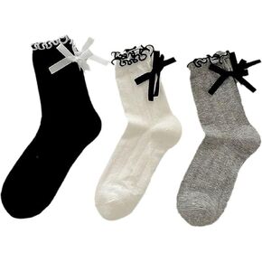 Womens Socks Bow socks Ruffle Casual Crew Black White Soft Breathable Cute 3 Pairs Socks