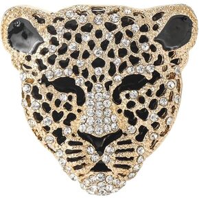Vintage black enamel spotted animal leopard head brooch rhinestone crystal lapel badge