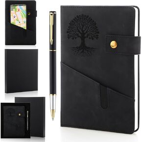 Thenshop Tree of Life Journal and Pen Gift Set A5 Lined Small Leather Notebook Hardcover Personal Diary 5.9 X 8.4 Personalized Travel Journal Gift for Women Work Office Writing, 200 Pages(Black)