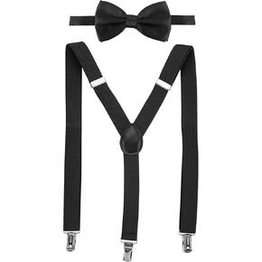 Kids Suspenders Bow Tie Sets, Black Toddler Suspenders with 3 Strong Metal Clips, Adjustable Braces with Bowtie for Boys and Girls