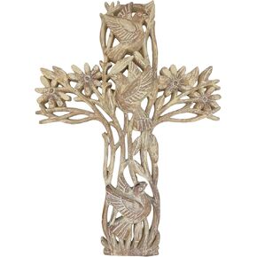 Top Brass Garden of Life Decorative Wall Cross – Rustic Carved Wood Look – Flowers and Doves Spiritual Jesus Art