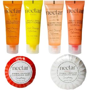 Nectar Mini Travel Size Toiletries Bathroom Kit | Sweet Orange Blossom| Shampoo, Conditioner, Body Wash, Lotion, Two Round Cleansing Bars and Body Bar - 25 Kits
