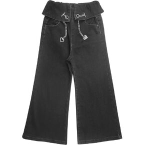 KIDSCOOL SPACE Flounced Girls Wide-Leg Stretch Denim Pants, 5-14T Ribbed Elastic Waist with Chain Jeans