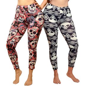 Docele Yoga Leggings Pants for Women Pack of 2 - White Skull & Color Skull, for Yoga, Workout, Casual, Home, Black and White and red, White and Black Leggings. Fit Sizes: Small Medium and Large