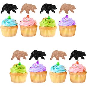 24pcs Bear Cupcake Toppers, Wild Bear Cupcake Toppers, Black&Brown Glitter Jungle Animal Cake Decoration for Baby Shower, 1st Birthday/Woodland Themed Birthday Party Supplies