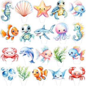48Pcs Sea Animal Cupcake Toppers Ocean Sea Animal Birthday Party Decoration Under The Sea Cupckae Toppers for Ocean Sea Theme Birthday Baby Shower Supplies Under The Sea Party Decorations