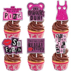 Dessert Cupcake Topper Cheer to Girls Night Heart Pink Pajamas Theme Decor Supplies Women Lady Birthday Bachelorette Bridal Shower Hen Movie Party Decoration set 18pcs Pink Glitter