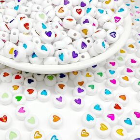 600Pcs White Red Heart Bead Acrylic Love Beads Loose Spacer Beads to Match Letter Pony Beads for Bracelets Necklaces,Jewelry Making, DIY Key Chains