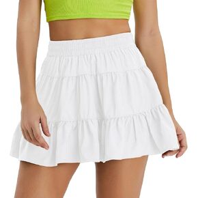 Women's Summer High Waist Ruffle Skirt A-Line Casual Print Pleated Swing Beach Skater Flared Mini Skirt with Shorts