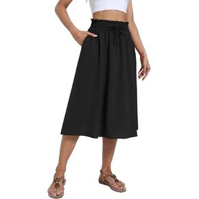 Yincro Women's Summer High Waisted Midi Skirt Elastic Waistband A-Line Skirt with Pockets
