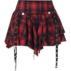 Goth Skirt Gothic Plaid Pleated Skirts Sexy High Waist Punk Skirt for Women Grunge Mini Red Skater Skirts
