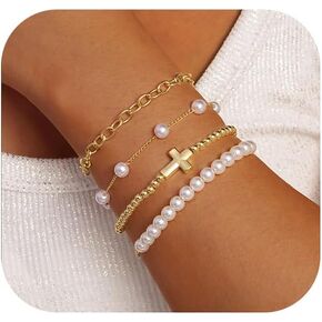 Gold Pearl Bracelets for Women, 14K Gold Plated Beaded Pearl Bracelet Jewelry Sets Cross Charm Chain Bracelet Dainty Gold Bracelets for Women Trendy Jewelry Gifts