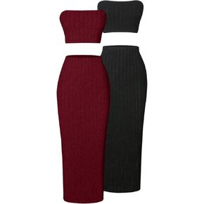 BEAUDRM Women's 2 Sets Ribbed Knit Tube Crop Top and Split Bodycon Skirt Sets