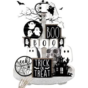 15 Pcs Halloween Tiered Tray Decor, Halloween Decorations Indoor, Ghost Boo Wizard Trick or Treat Haunted House Wooden Signs Table Decor, Rustic Farmhouse Tray Decor for Home Party Favors