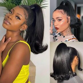LEOSA 16 Inch Body Wave with Bang Ponytail Extension Hairpin Clip in Hairpieces Bang with Ponytail Heat Resistant for Women