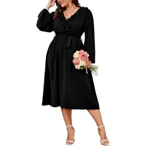 SCOMCHIC Plus Size Wedding Guest Wrap V Neck Dress Long Sleeve Cocktail Party Ruffle Belted A-Line Flowy Midi Dresses