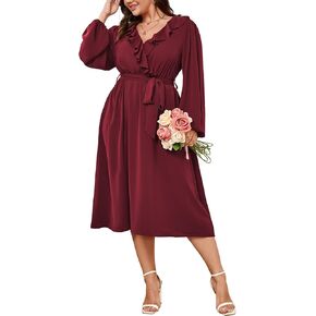 SCOMCHIC Plus Size Wedding Guest Wrap V Neck Dress Long Sleeve Cocktail Party Ruffle Belted A-Line Flowy Midi Dresses